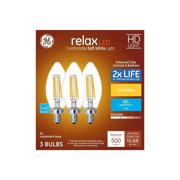 GE Relax 60-Watt EQ B12 Soft White Dimmable Decorative Light Bulb (18-Pack), 42250