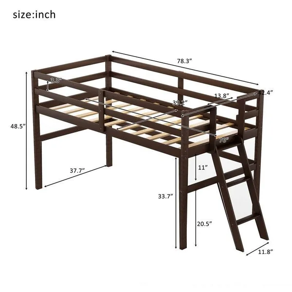 Wooden Twin Size Low Loft Bed with Ladder - Espresso