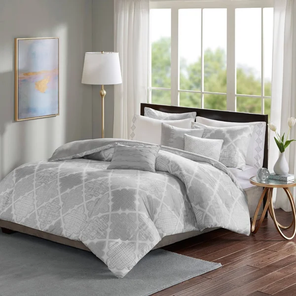 Madison Park - Cadence 8 Piece Cotton Sateen Duvet Cover Set - Grey - King/Cal King