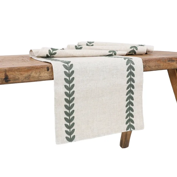 Manor Luxe 15 in. x 90 in. Cute Leaves Crewel Embroidered Table Runner - White/Natural