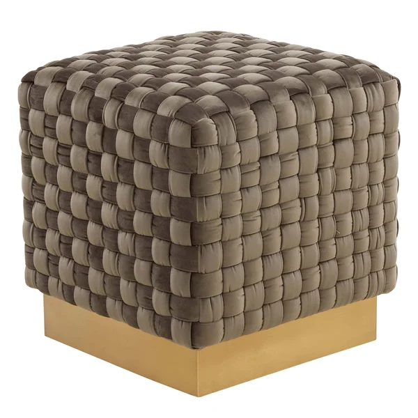 LeisureMod Myrtle 19x22 Square Weave Design Velvet Ottoman with Gold Base Dark Grey