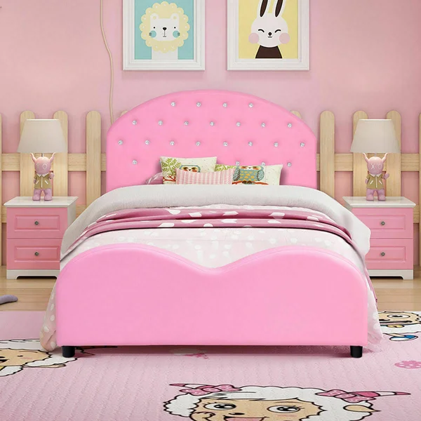 Kids Children PU Upholstered Platform Wooden Princess Bed