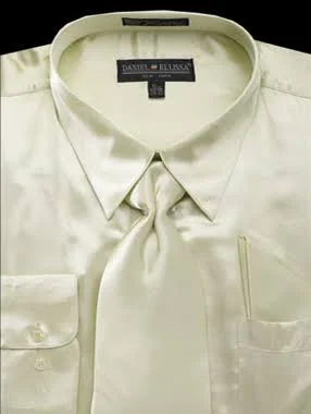 Men's Satin Dress Shirt Regular Fit in Olive with Tie and Pocket Square 14½ 32/33, Olive