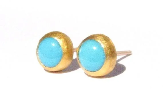 Natural Turquoise Studs- 24K Solid Gold-Post Earrings-Turquoise Yellow Gold Studs-24k Gold Earrings-Gold Silver Post Earrings-MA