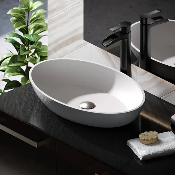 Rene R11-5001-PLT-R9-7007 Stone Composite Oval Vessel Sink with Faucet - Platinum - Brushed Nickel