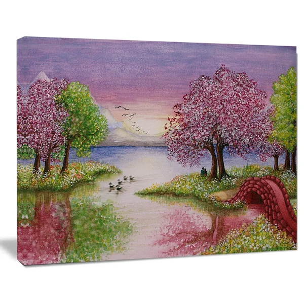 Design Art Romantic Lake in Pink and Green - Extra Large Wall Art Landscape - 32 in. Wide x 16 in. High