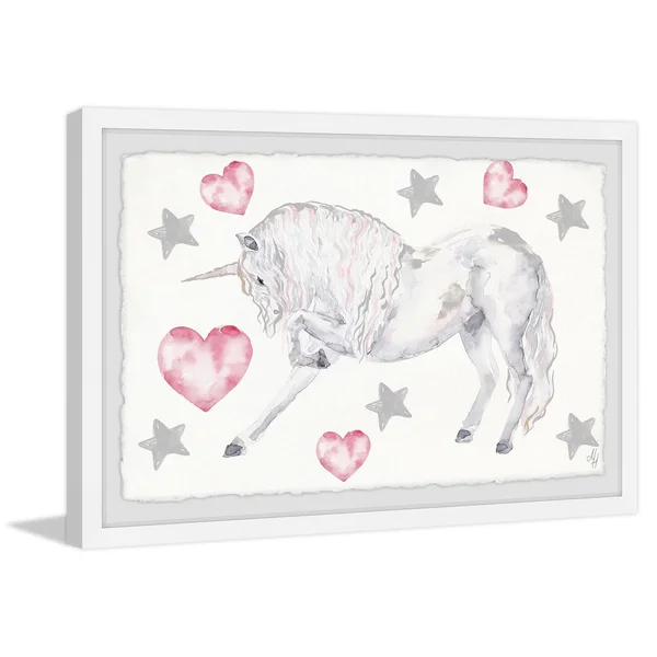 Marmont Hill Curly Unicorn Framed Wall Art, Size: 16 x 24, White