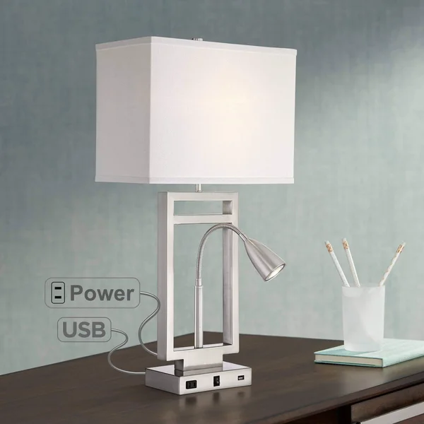 Possini Euro Design Modern Table Lamp with USB Outlet Reading Light LED Brushed Nickel Rectangular Off White Shade Bedroom Offic