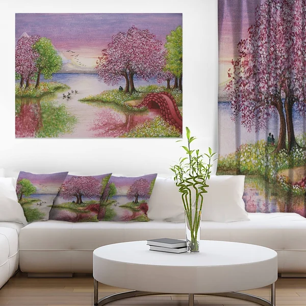 Design Art Romantic Lake in Pink and Green - Extra Large Wall Art Landscape - 32 in. Wide x 16 in. High