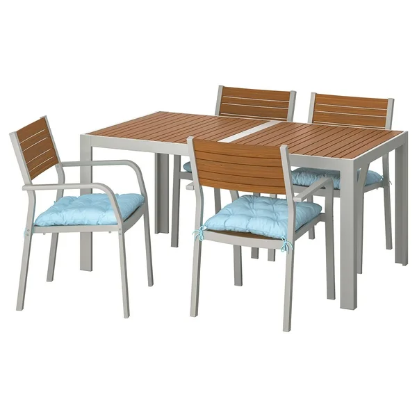 IKEA - SJ腖LAND Table and 4 Armchairs - Outdoor, SJ腖LAND Light brown/Kuddarna Light Blue, 61 3/8x35 3/8