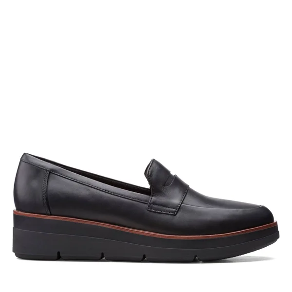 Clarks Shaylin Step Wedge Penny Loafer, Size 10 in Black Leather at Nordstrom