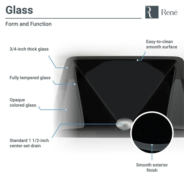 Rene R5-5003-NOR-R9-7003 16-1/2x22 Glass Vessel Bathroom Sink with Vessel Faucet Noir Dark - Chrome