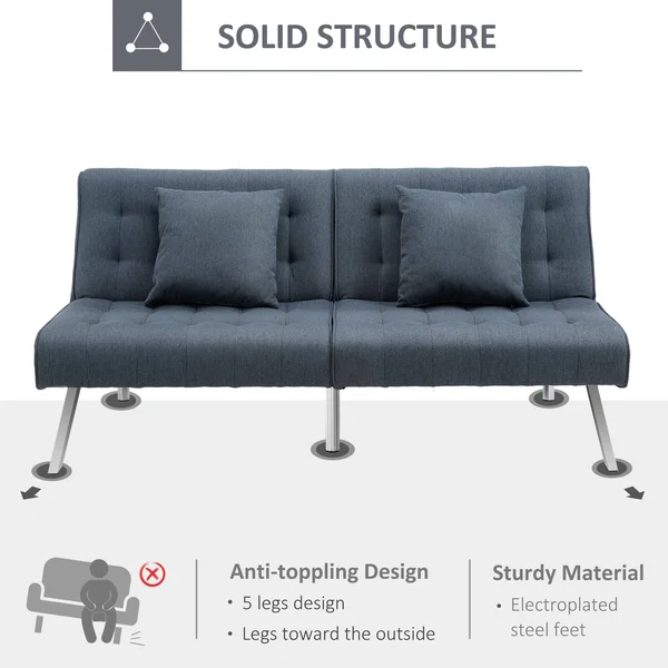 HOMCOM 2-Seater Convertible Sofa Bed with 7 Adjustable Angled Backrest Levels, 2 Pillows, and 5 Steel Legs - Grey
