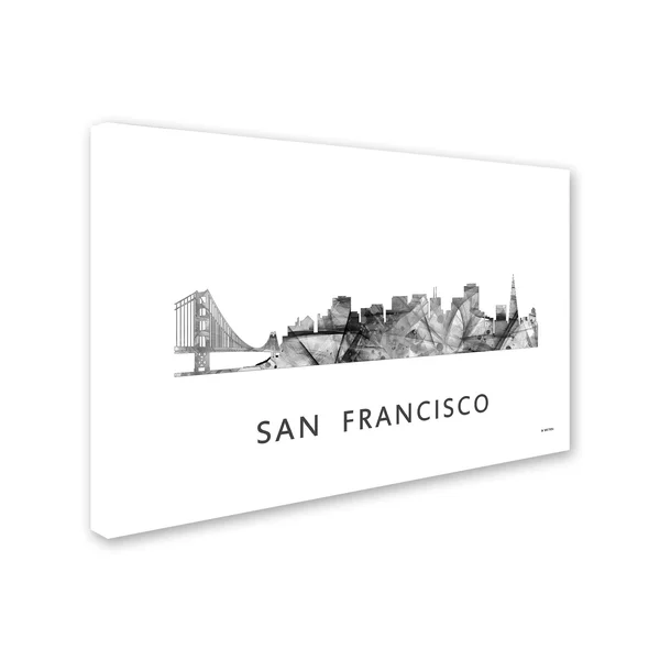 Trademark Fine Art San Francisco CA Skyline WB-BW by Marlene Watson Graphic Art on Wrapped Canvas - Size: 30x22 H x 47x22 W x 2x