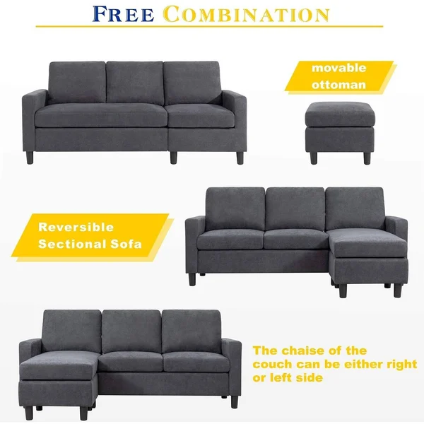 Futzca Convertible Sectional Sofa Couch with Reversible Chaise - Modern Linen Fabric L-Shaped Couch for Small Space - Ash