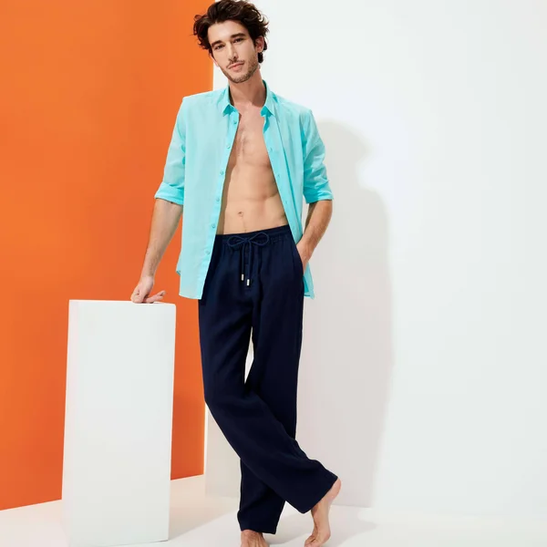 Vilebrequin Men Linen Pants Solid - Style: Pacha - Navy 6XL