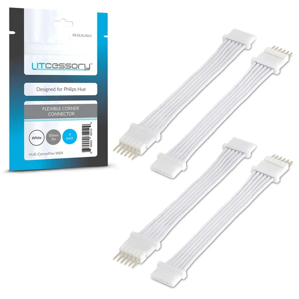 Litcessory Flexible Corner Connector/Extension Cable for Philips Hue Lightstrip Plus (2in, 4 Pack, White - Micro 6-Pin V4)