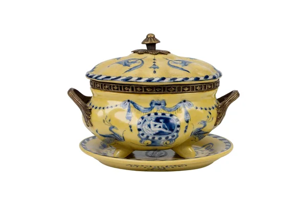 Yellow and Blue Porcelain Tureen with Tray Brass Ormolu Accents 6.5x22