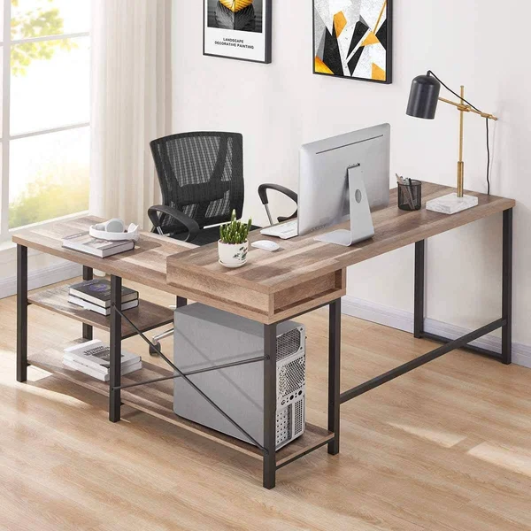Bon Augure L Shaped Desk with Shelves, Reversible Corner Computer Desk, Rustic W