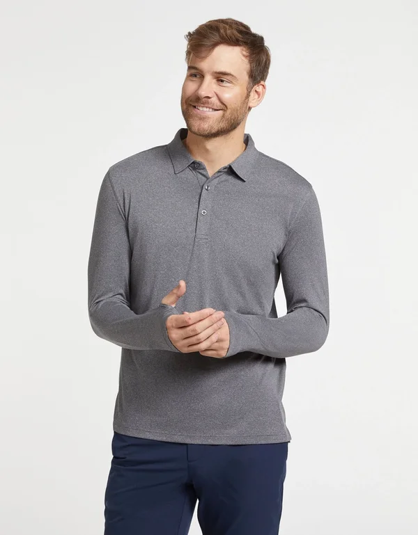 Sun Protective Long Sleeve Polo Shirt for Men UPF 50+, UV Protection Light Grey