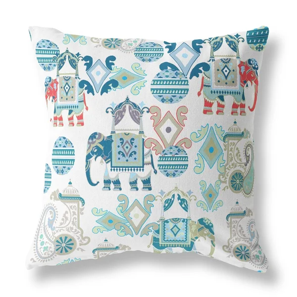 Elephant Howdah Suede Blown & Closed Pillow w/ Insert in Blue & White 20x22x20x22