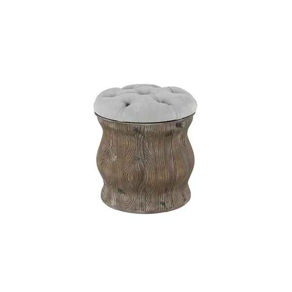 Rustic Wood & Brown Faux Leather Round Ottoman with Storage