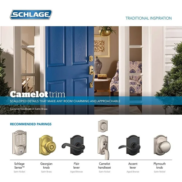Schlage Camelot Handleset with Double Cylinder Deadbolt and Siena Knob, Bronze
