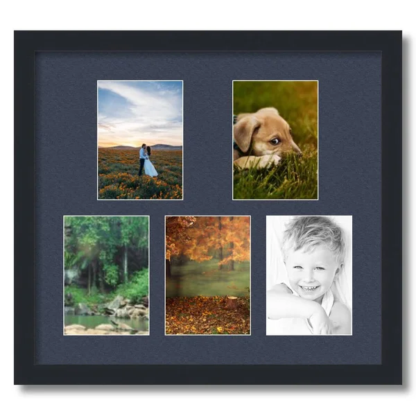 Collage Picture Frame, Satin Black Frame with 5 openings for 5x7 Photos with Blue Jay Mat. D3926FL321, ArtToFrames