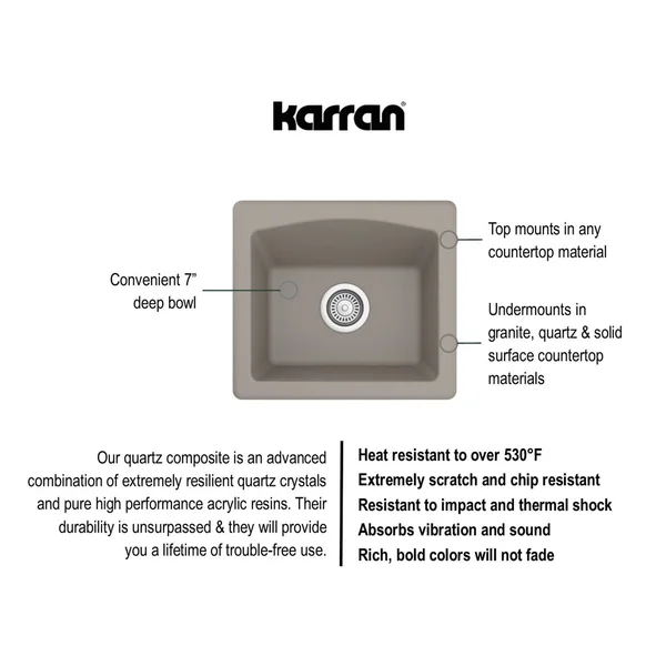 Karran Drop-In or Undermount Quartz Single Bowl Kitchen Sink - White