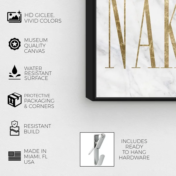Oliver Gal Bath and Laundry Wall Art Framed Canvas Prints 'Get Naked Toilet Sign' Bath - Gold - White - 36 x 54