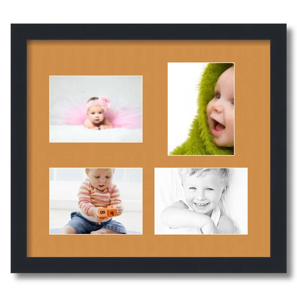 Collage Picture Frame - Satin Black Frame with 4 openings for 5x7 Photos with Yellow Amber Mat. D3926CH1117, ArtToFrames