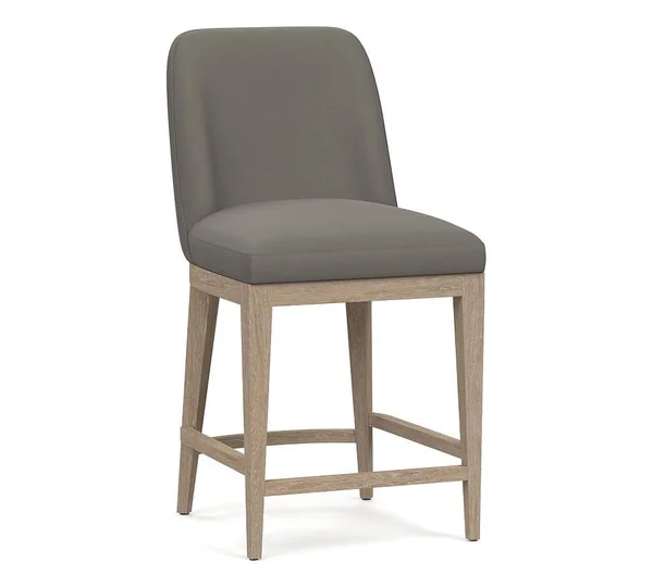Pottery Barn Layton Leather Counter Height Bar Stool - Seadrift Leg, Nubuck Graystone
