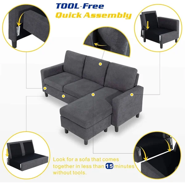 Futzca Convertible Sectional Sofa Couch with Reversible Chaise - Modern Linen Fabric L-Shaped Couch for Small Space - Ash