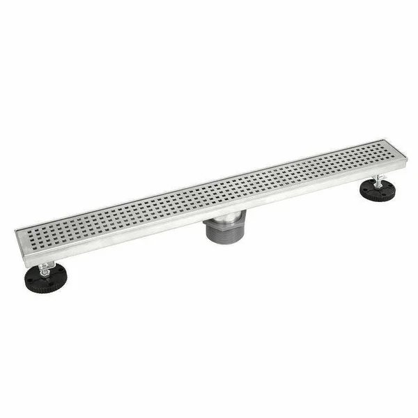 Shower Linear Drain 28 inch Square Checker Pattern Grate Stainless Steel - w/Threaded Adaptor and Adjustable Leveling Feet - Silv
