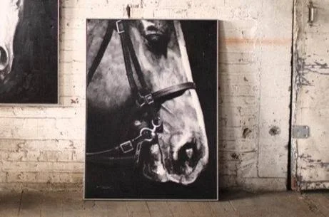 Black and White Side View Horse with Silver Frame - Oil Painting