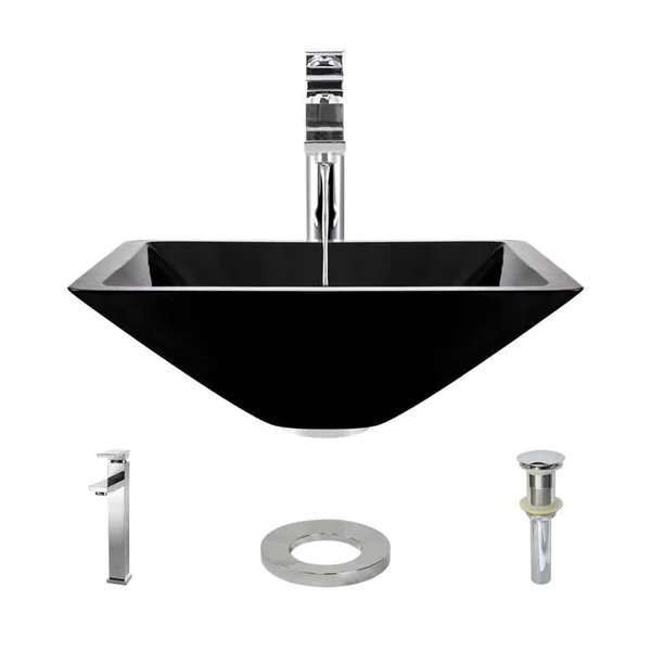Rene R5-5003-NOR-R9-7003 16-1/2x22 Glass Vessel Bathroom Sink with Vessel Faucet Noir Dark - Chrome