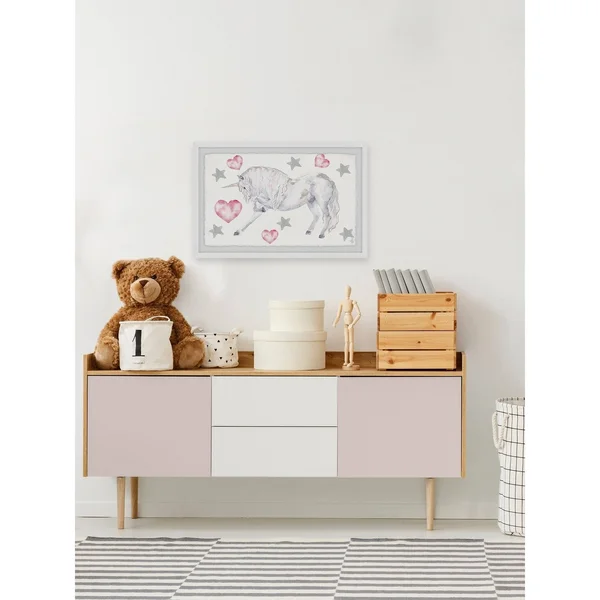 Marmont Hill Curly Unicorn Framed Wall Art, Size: 16 x 24, White