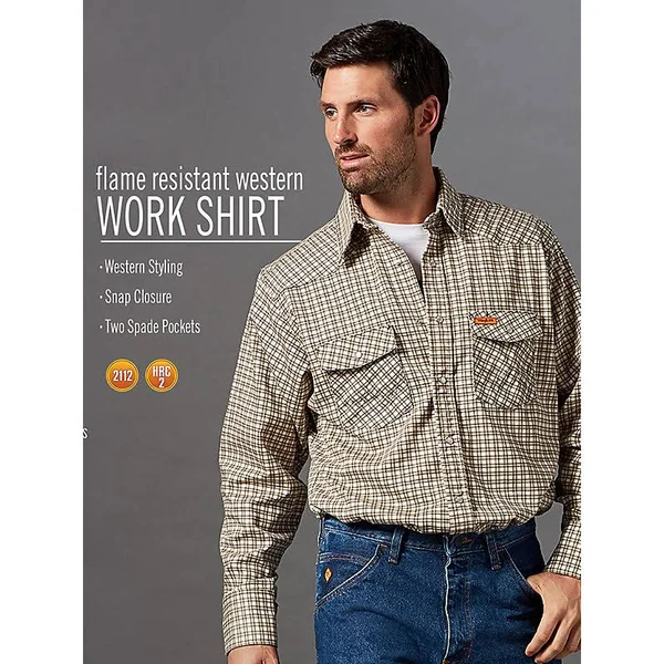 Wrangler Men's FR Flame Resistant Long Sleeve Western Snap Plaid Shirt (Size: XLT ) White