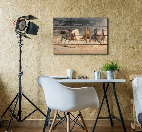 Wall26 - Canvas Wall Art - Galloping Horses on Vintage Wood Textured Background - Rustic Country Style Modern Giclee Print Galle