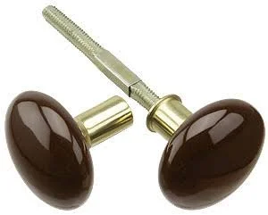 Pair of Brown Porcelain Rim Lock Knobs with Solid Brass Shanks