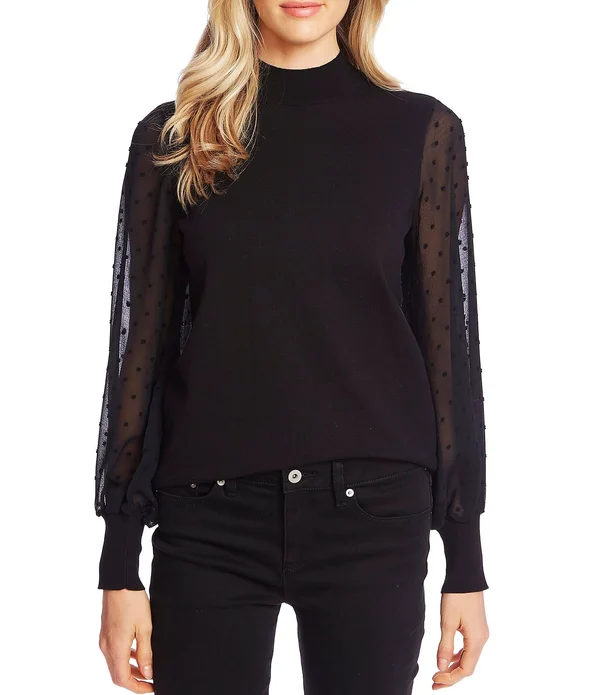 Cece Mockneck Contrast Sleeve Sweater - Rich Black