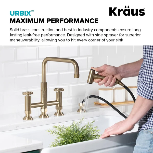 Kraus KPF-3125BG Urbix Industrial Bridge Kitchen Faucet with Side Sprayer Brushed Gold