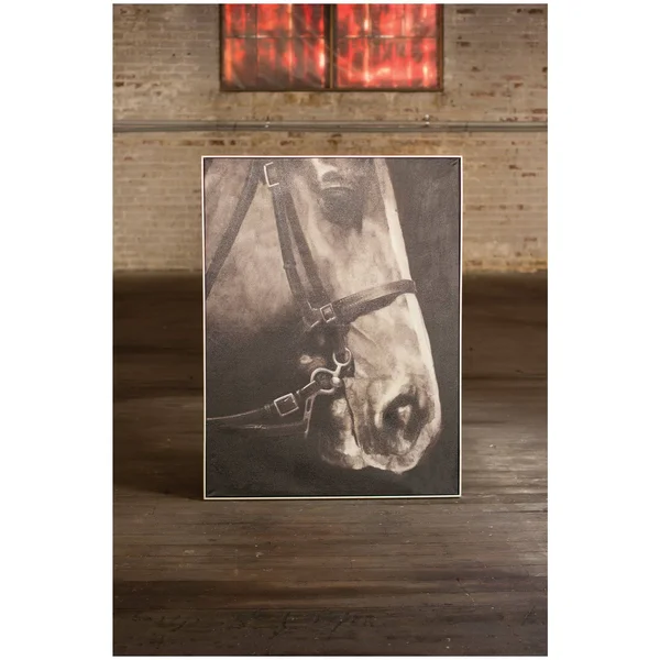 Black and White Side View Horse with Silver Frame - Oil Painting
