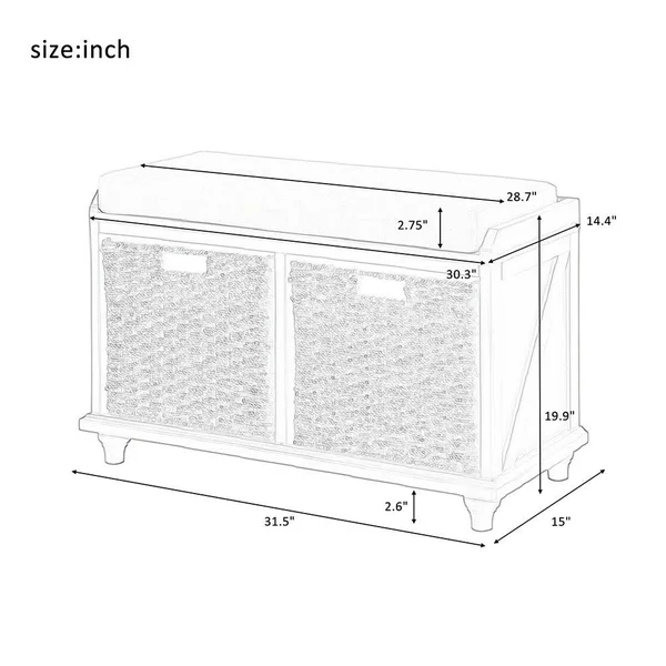 Homes Collection Wood Storage Bench with 2 Woven Baskets - Grey