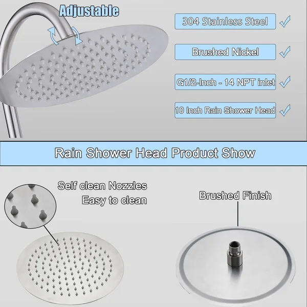 Brushed Nickel 10-Inch Rain Shower Heads with Adjustable Slide Bar