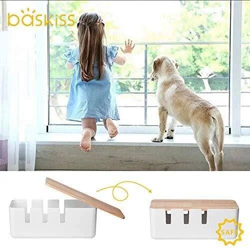 Cable Management Box by Baskiss - 12x5x4.5 Inches, Wood Lid, Cord Organizer for Desk TV Computer USB Hub System to Cover and Hide