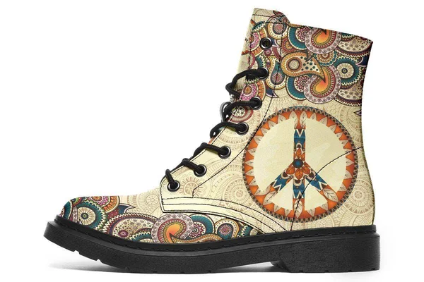 Tan Peace Mandala Boots, Peace Sign Boots, YesWeVibe Women's Boots, Black Sole, US 9, EU40.5