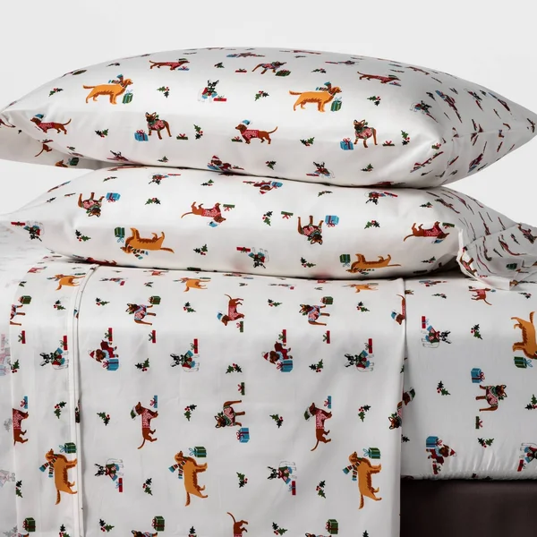 King 400 Thread Count Holiday Print Cotton Performance Sheet Set Holiday Dogs - Threshold