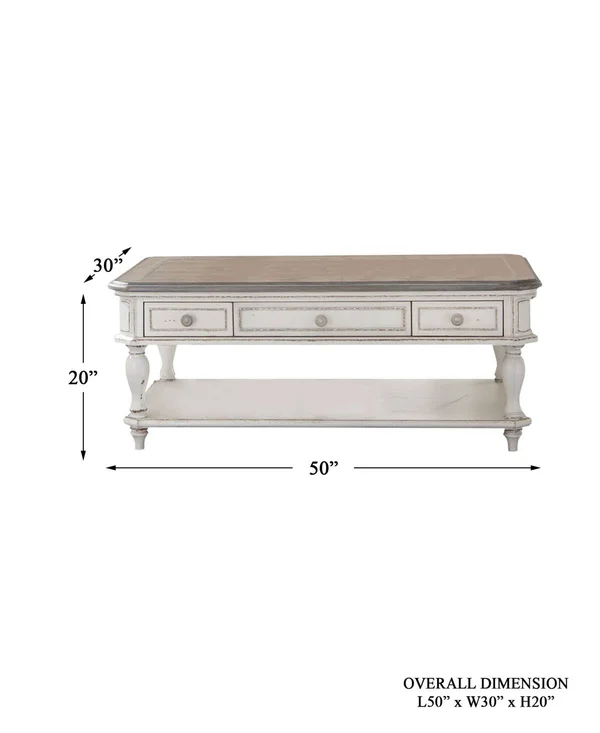 Lexicon Willowick Wood 3 Drawer Coffee Table in Antique White