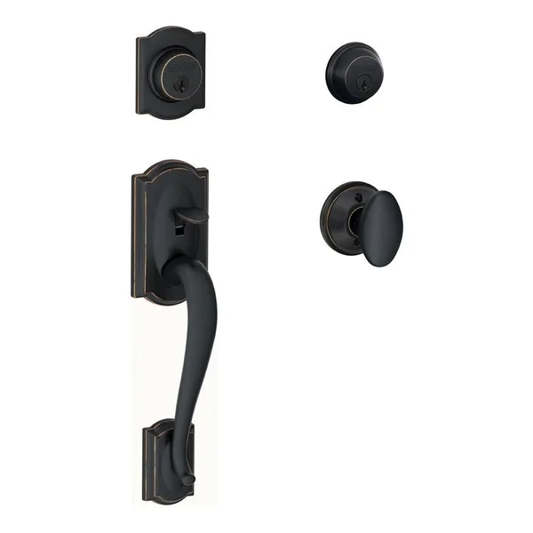Schlage Camelot Handleset with Double Cylinder Deadbolt and Siena Knob, Bronze